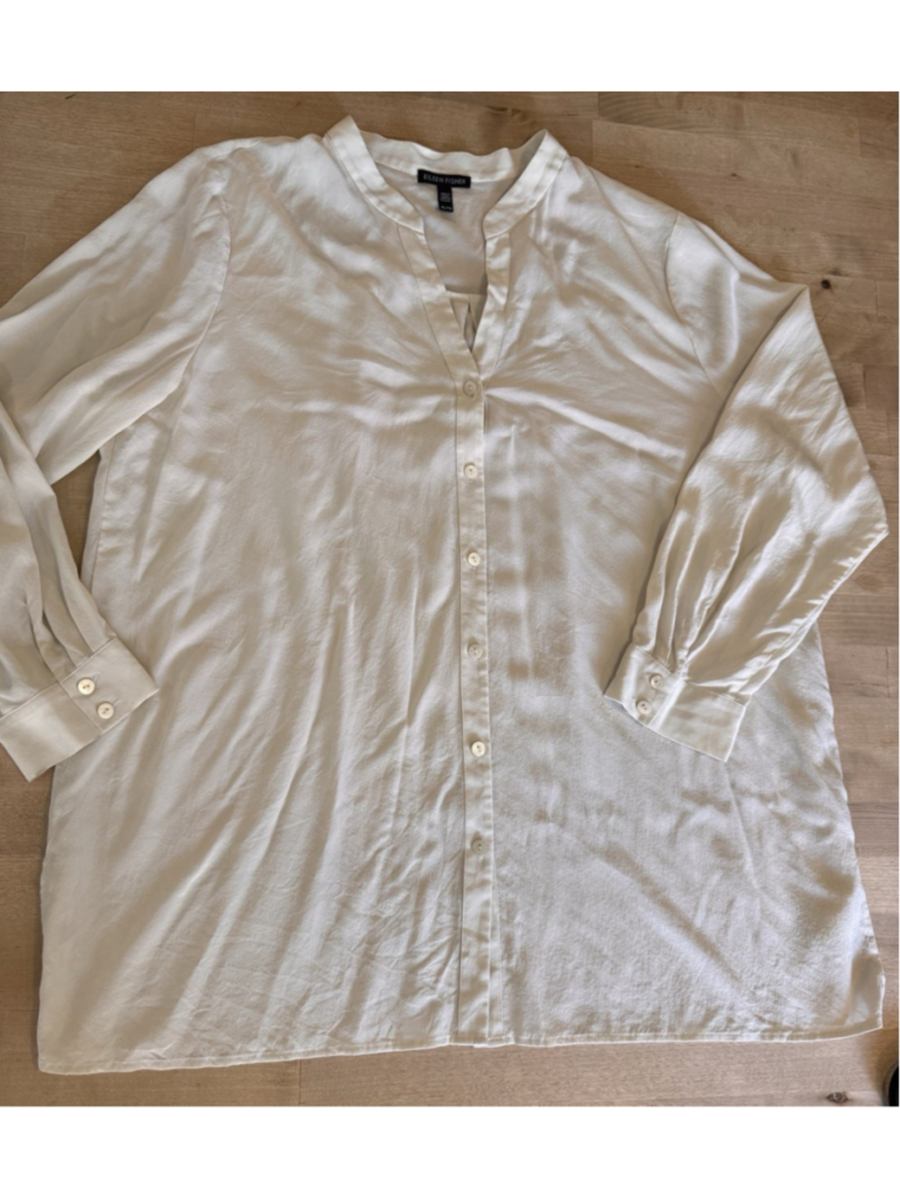 Eileen Fisher 100% Silk Tunic Shirt XL Ivory Cream Long Button Down Blouse